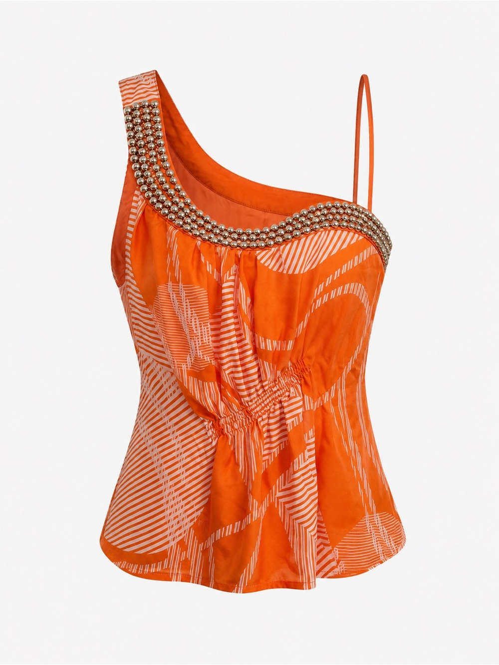 Marineblu Orange Geometric One-Shoulder Studded Blouse Top Size L Y2K Boho